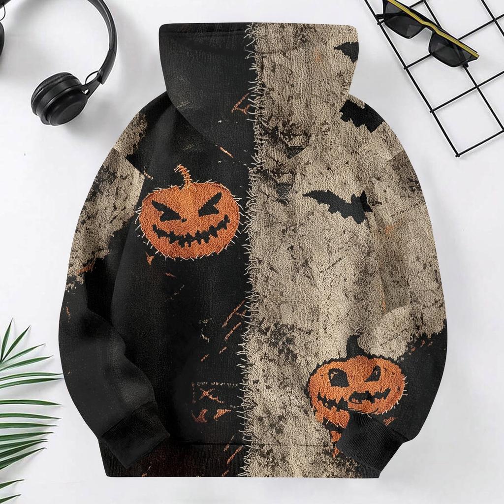 Kids Casual Hooded Sweatshirt with Halloween Print Pullover for Daily Wear
