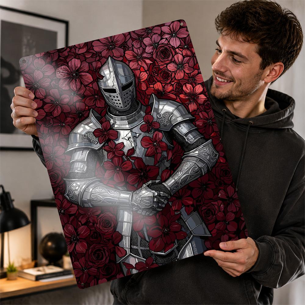 Knight In Armor Surrounded By Flowers Metal Poster Perfect Gift for Fans Lovers Personalized Wall Art Metal Sign for Funny Signs