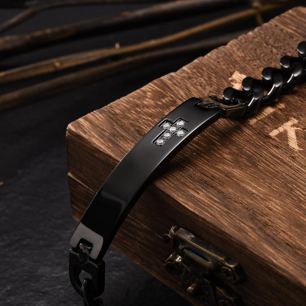 Personalized Cross ID Bracelets for Men Boys,Engraved Stainlesss Steel Chain Link Wristband,Stylish Jewelry Gifts