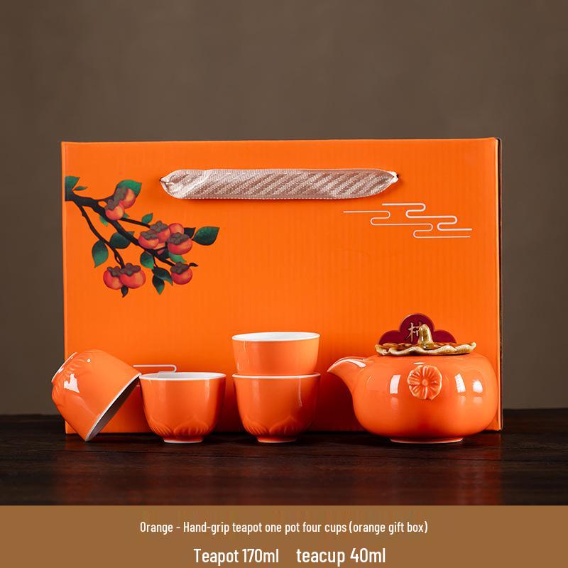 Persimmon Tea Set - Festive Ruyi Design, Custom Ceramic Gift Box for Weddings & Souvenirs