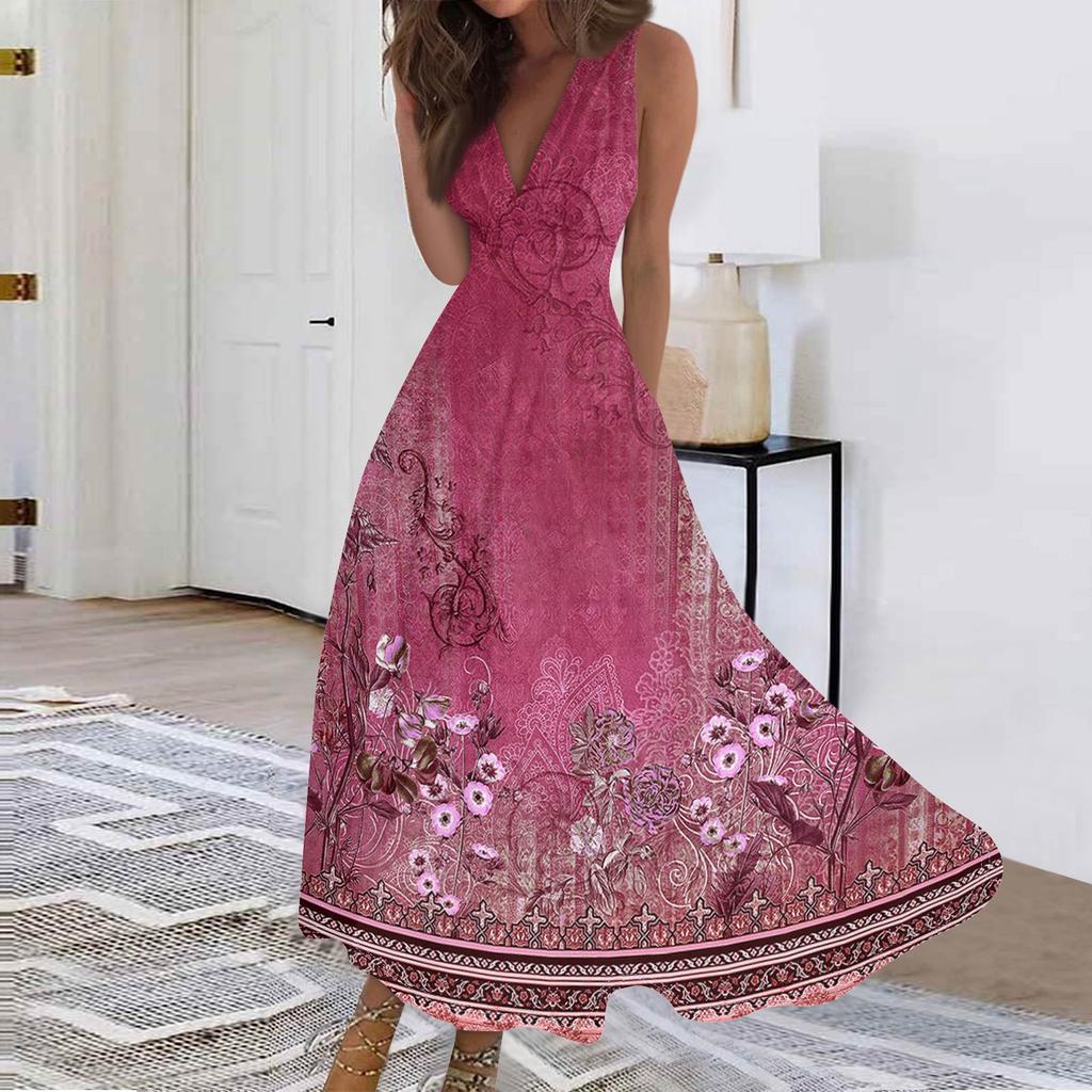 Women's Fashion Casual Loose V-Neck Sleeveless Printed Dresses