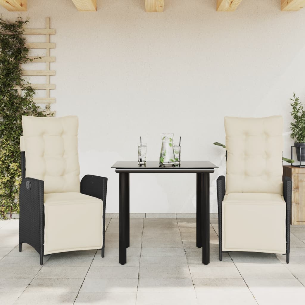 Vidaxl 3-Cz. Garden Furniture Set With Cushions, Black, PE Rattan