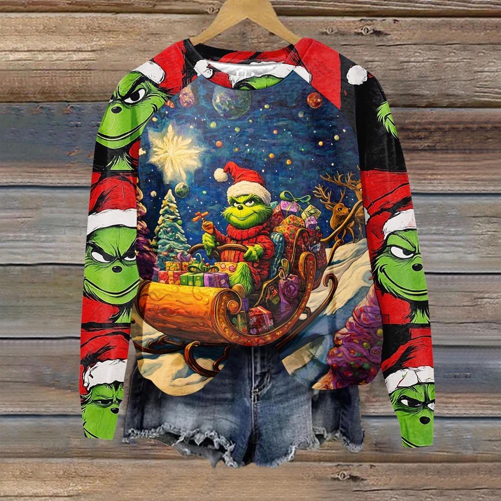 Christmas Fashion Men and Women's Pullover Green Monster Print O-Neck T-shirt Top Casual Outdoor Sweatshirt Kids T-shirt Top Clothing