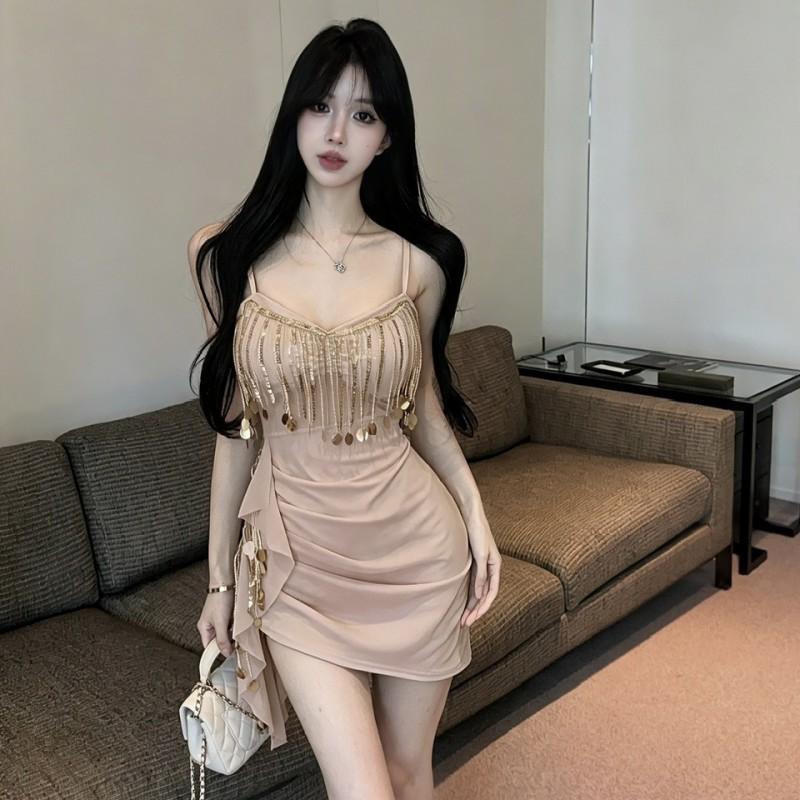 Elegant Mesh Fringe Sequin Sleeveless V-Neck Mini Dress High-Waisted Bodycon Party Women 2026