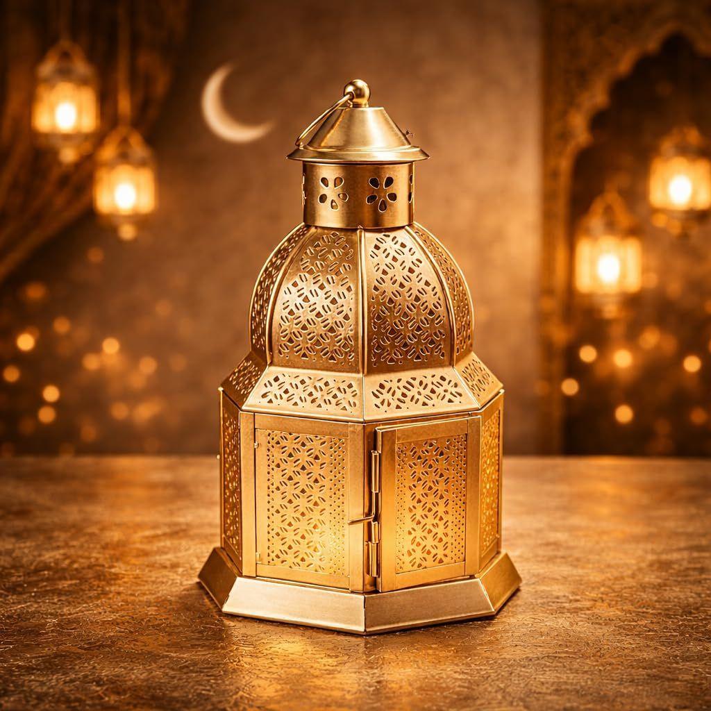Gold Metal Moroccan Lantern with Cutwork (25 cm) + Tealight Included | Hanging Decorative