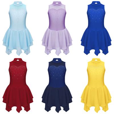 Mädchen Kleid mit Patchwork-Stil und Strass-Dekor, ärmellos, runder Kragen, für Eiskunstlauf, Tanzkostüm