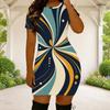 Women Plus Size Round Neck Short Sleeve Patchwork Printed Fitted Mini Dress Black White Grey