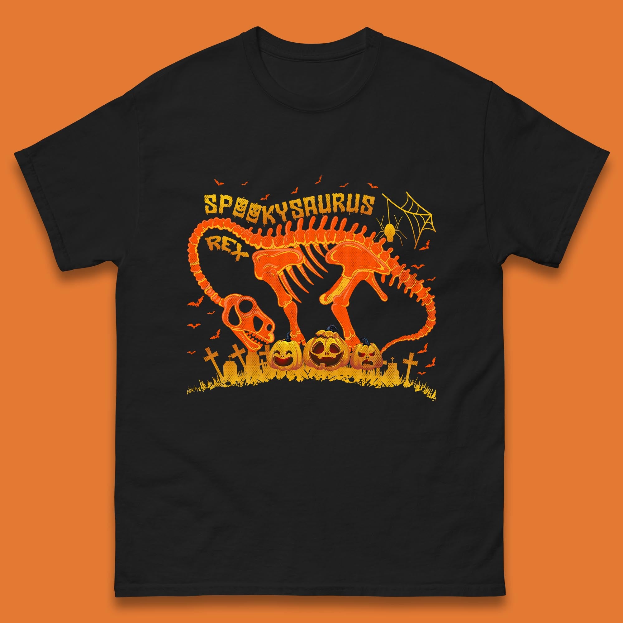 Spooky Saurus Rex Halloween Dinosaur T-Rex Skeleton With Scary Pumpkins Mens Tee Top XL