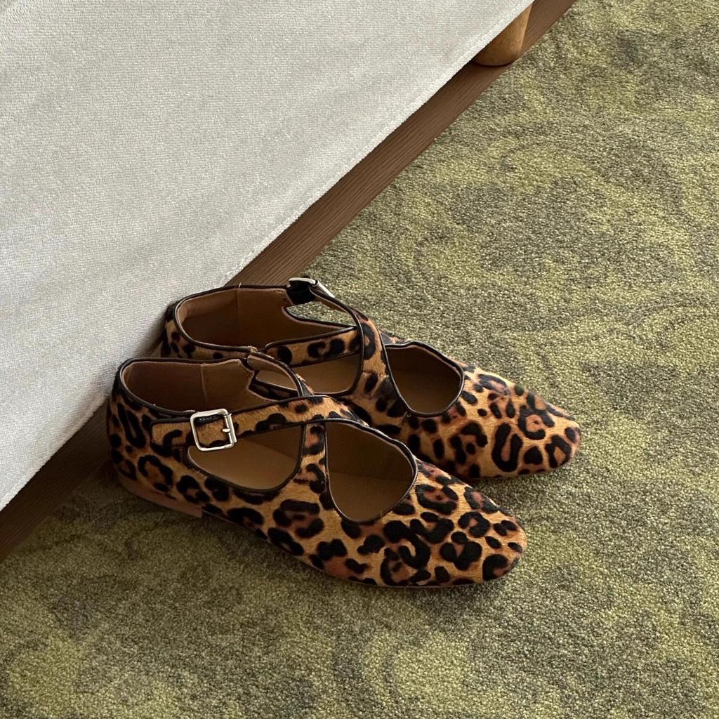 Sheepskin Version~ Korean Version of Niche Leopard Print Horse Hair Soft Surface Ballet Grandma Mary Jane Shoes Shallow Mouth Single Shoes Women's