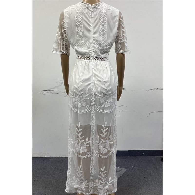 Women's Elegant V-neck Short-sleeved Lace Bride Long Dress Long Dress Wedding Bridesmaid Party Dress