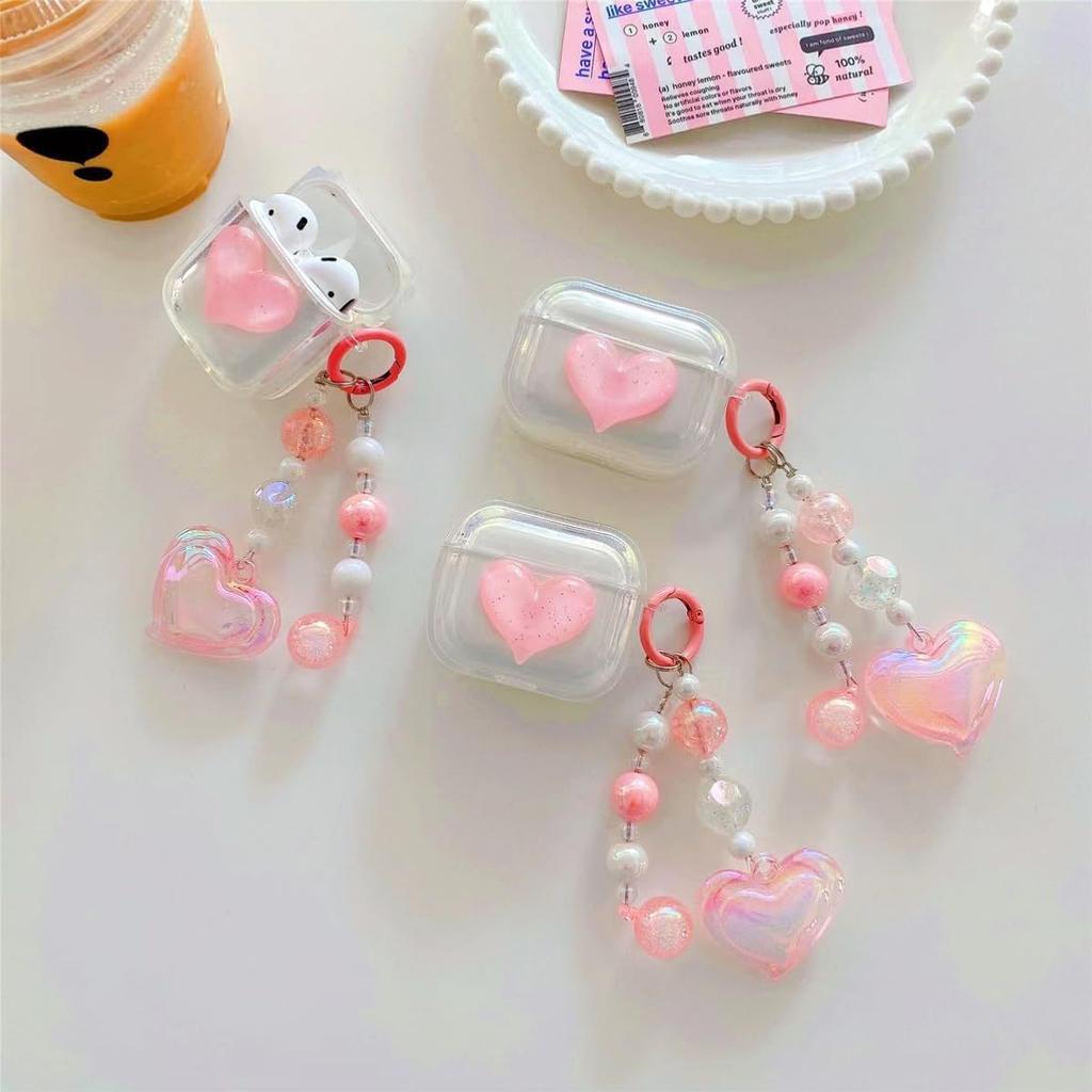 Korean Style Compatible with 3D Pink Heart-shaped AirPods 1 Protective Case Pro1 Wireless Bluetooth 1/1 Earphone Case and Chain