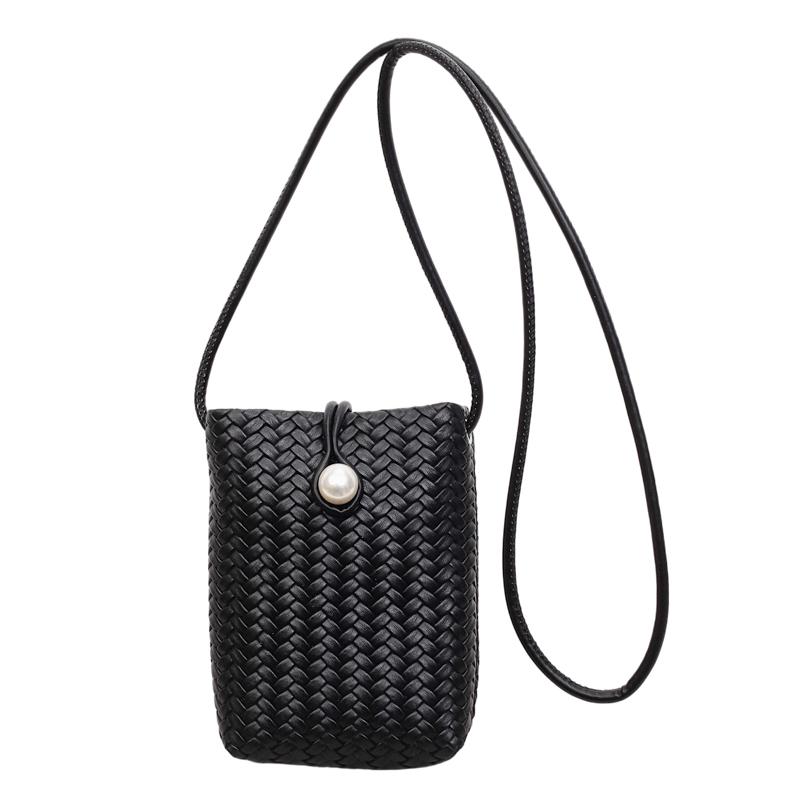 

Fashion Braided Faux Leather Youth Crossbody Bag Casual Drawstring Shoulder Bags for Women Brand Vacation Woven Mini Phone Purse чёрный