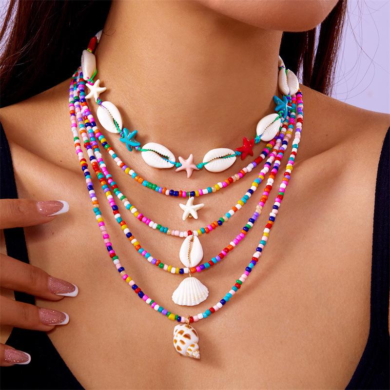Bohemian Handmade Braided Beaded Seashell Starfish Pendant Clavicle Chain Necklace Women Beach Vacation Jewelry Accessories