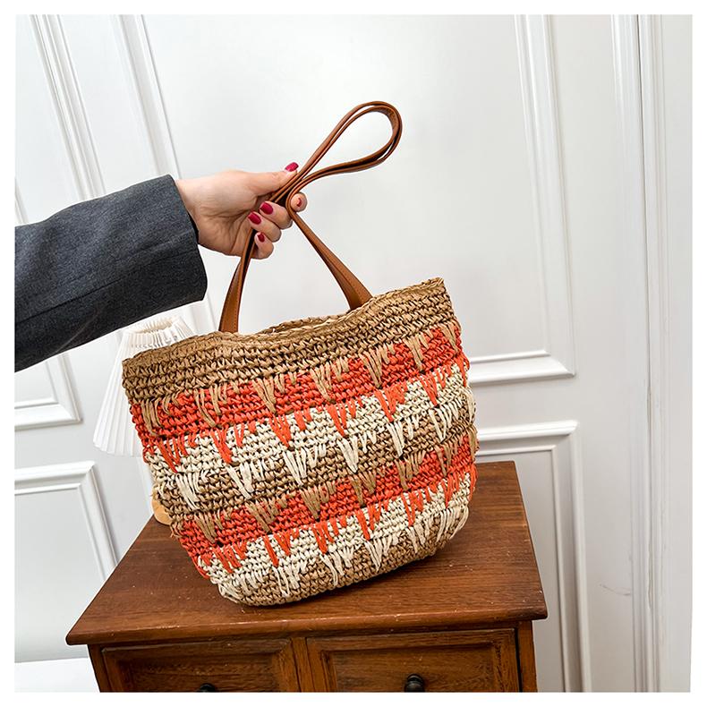

New Straw Zipper Large Capacity Shoulder Bags Casual Comfortable Shoulder Bag 2026 Hot Sale Seaside Vacation Color Blocking Bags помаранчевий