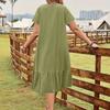 Women's vintage pleated V-neck dress in solid color