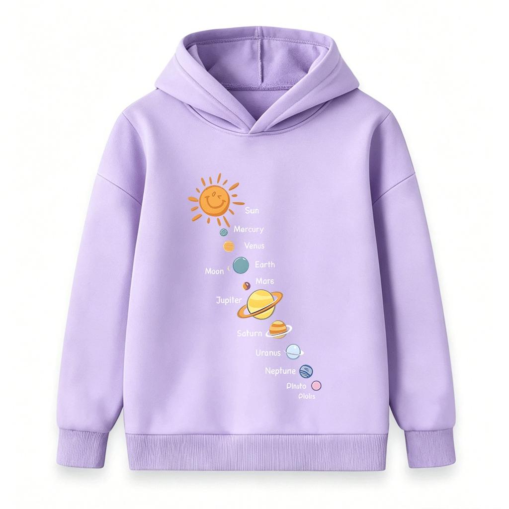 Cartoon Solar System Sun Planets Print Kids Hoodie Boys Girls Casual Long Sleeve Pullover Sweatshirt for Children Daily Wear