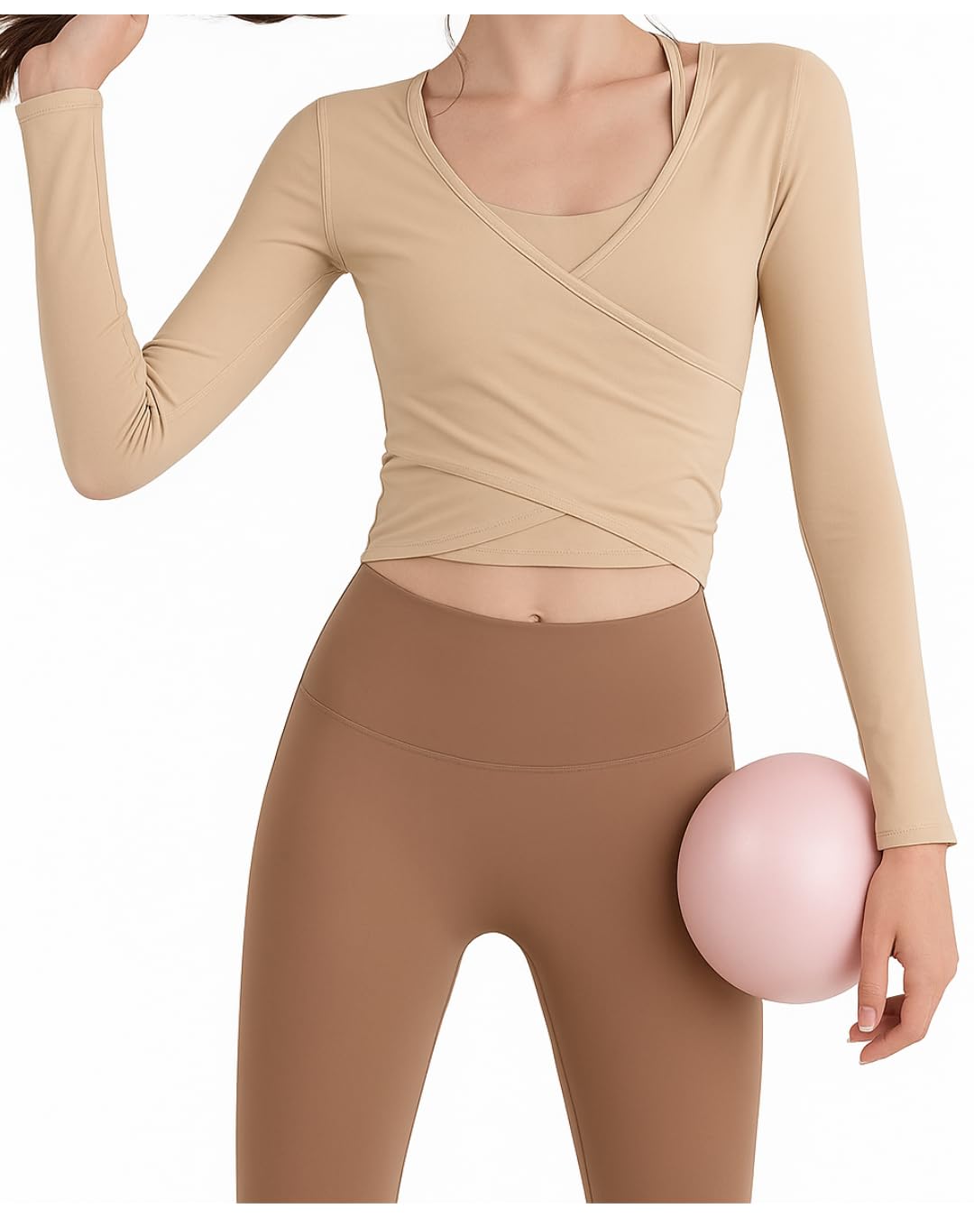 

Непрозрачный топ для пилатеса Bell Fleur со съемными чашечками и длинными удобными дышащими женскими рукавами, (М, бежевый) бежевый