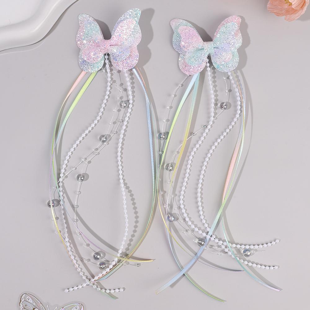 2Pcs Glitter Butterfly Bow Hair Clips Rainbow Butterfly With Sweet Long Pearls Tassels Barrtte Princess Hair Accessories Gifts