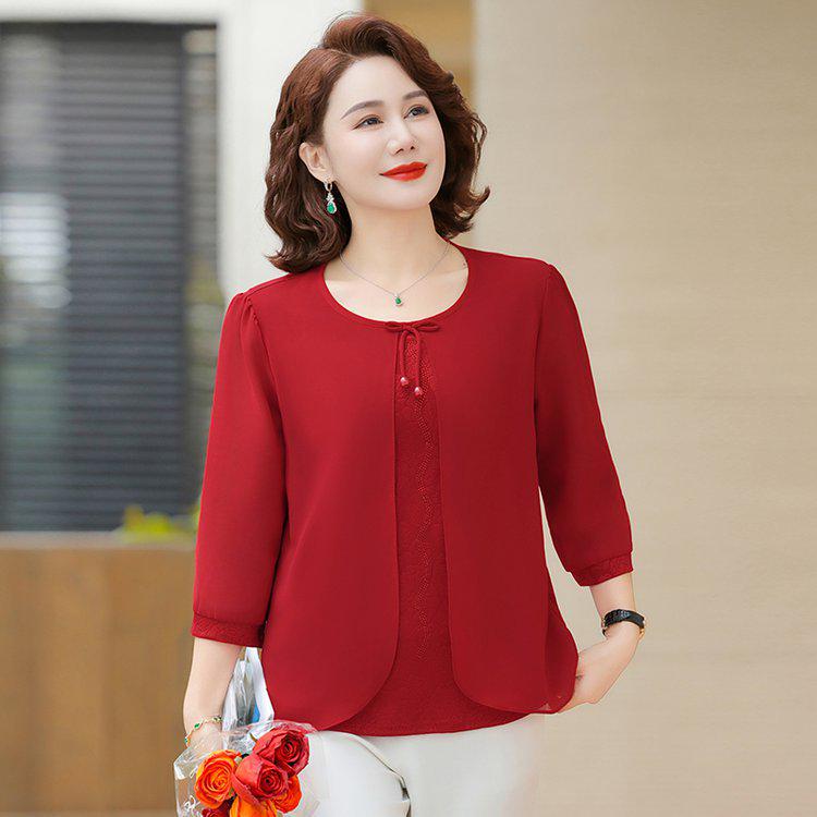 Elegant Chiffon Lace Shirt for Mid-aged & Senior Women, Lightweight, 3/4 Sleeves, Loose Fit, Fashionable