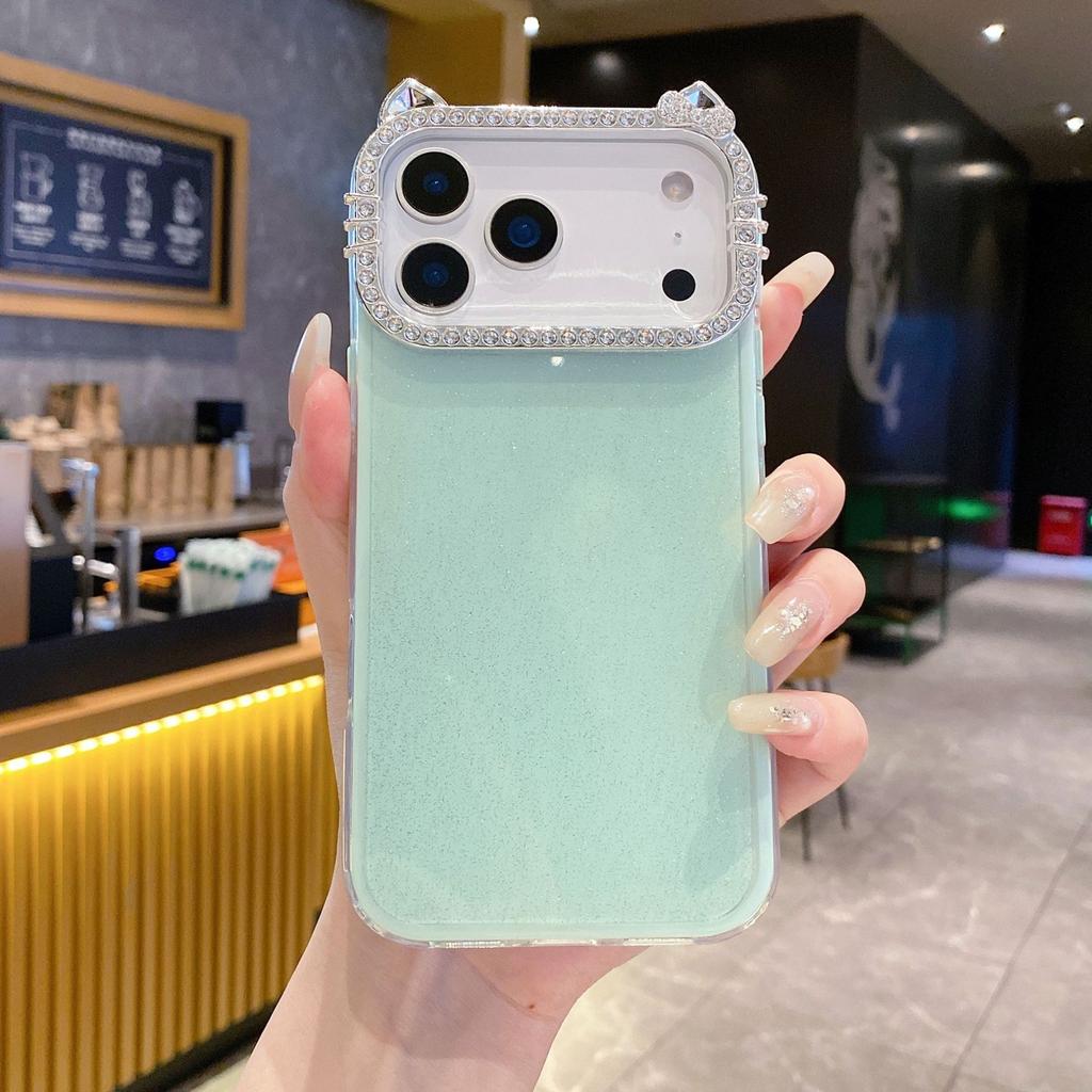 Korean and Japanese Style Solid Color Glitter Case Compatible with iPhone 16 Pro Max Phone Case Apple 17 Rhinestone Lens Case 14/15