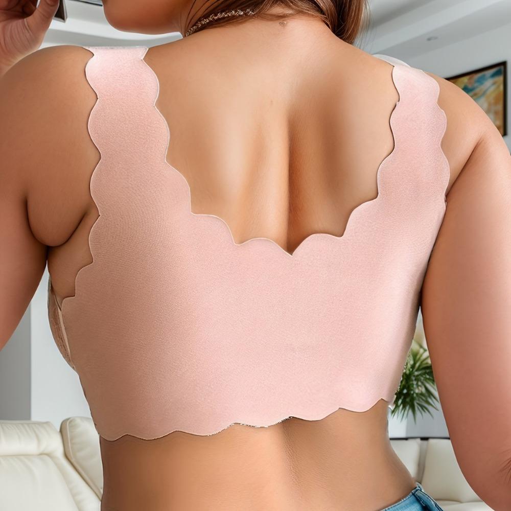 Plus Size Elegant Bra, Women's Contrast Lace Front Closure Scalloped Trim Bralette