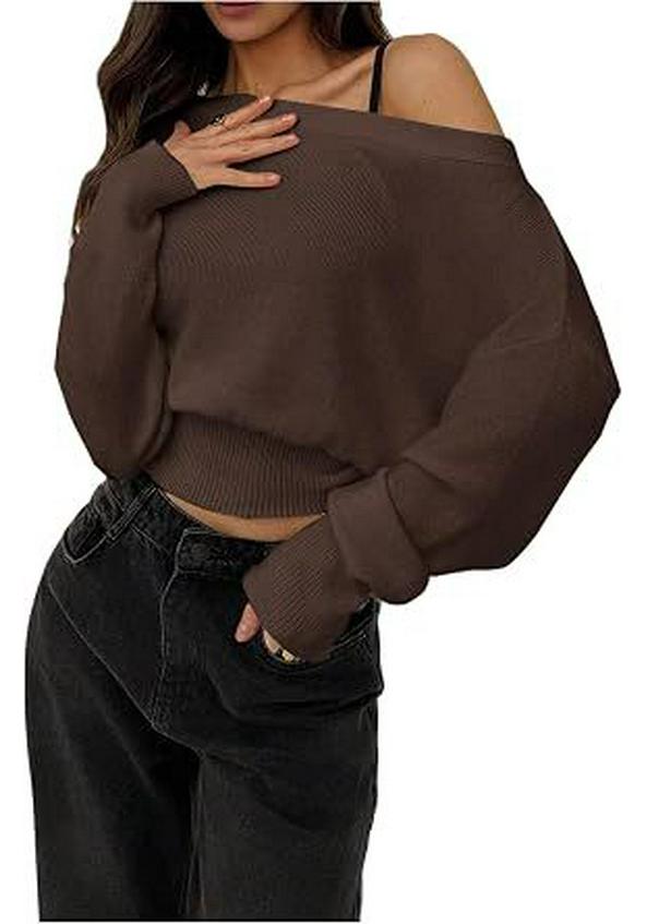 2026 Autumn/Winter European American Off-Shoulder Knit Sweater - Women's Solid Color Pullover, Long Sleeve Top