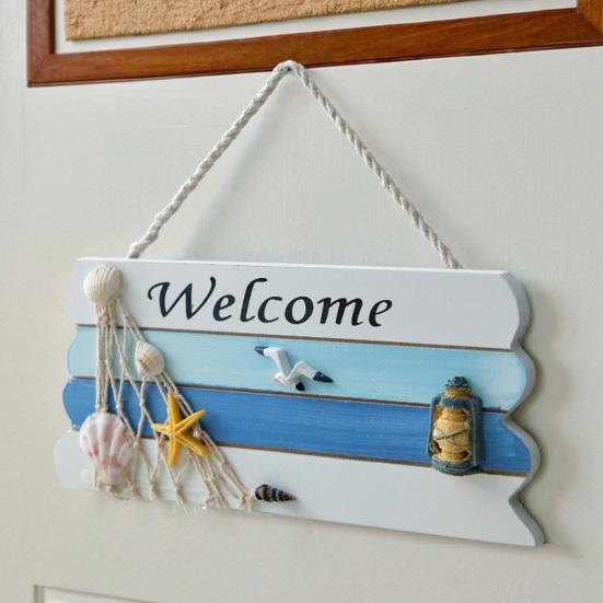 Beach Welcome Sign for Front Door Summer Ocean Wood Plaque Rustic Door Hanger with Starfish Shells for Farmhouse Outdoor Porch Decor