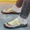 2024 Luxury Gold Flip Flops Man Metallic Leather Sandals Men Open-toe Slippers Comfort Outdoor Sandals For Men Chanclas Hombre