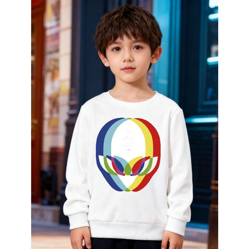 European sizes Kids' Fashion Round-neck Pullover, Long-sleeved Top , Featuring Cartoon Alien Print, Suitable for Casual Wear and Outdoor Activities