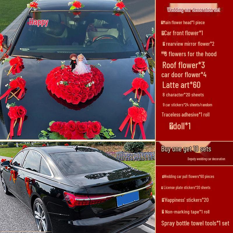 Complete Wedding Car Decoration Set: Front Flower Main Car and Lead Car Arrangement