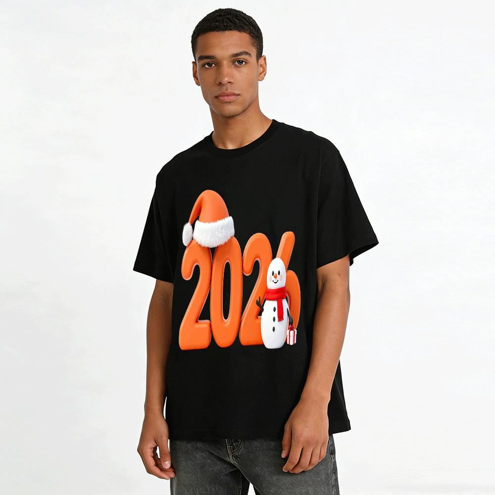 2026 New Year Christmas Snowman Print Casual Holiday Top Pure Cotton T-shirt
