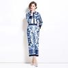 Spring Autumn Fashion Designer Print Runway 2 Piece Set Women Lapel Shirt And Elastic Waist Pocket Pant Suit