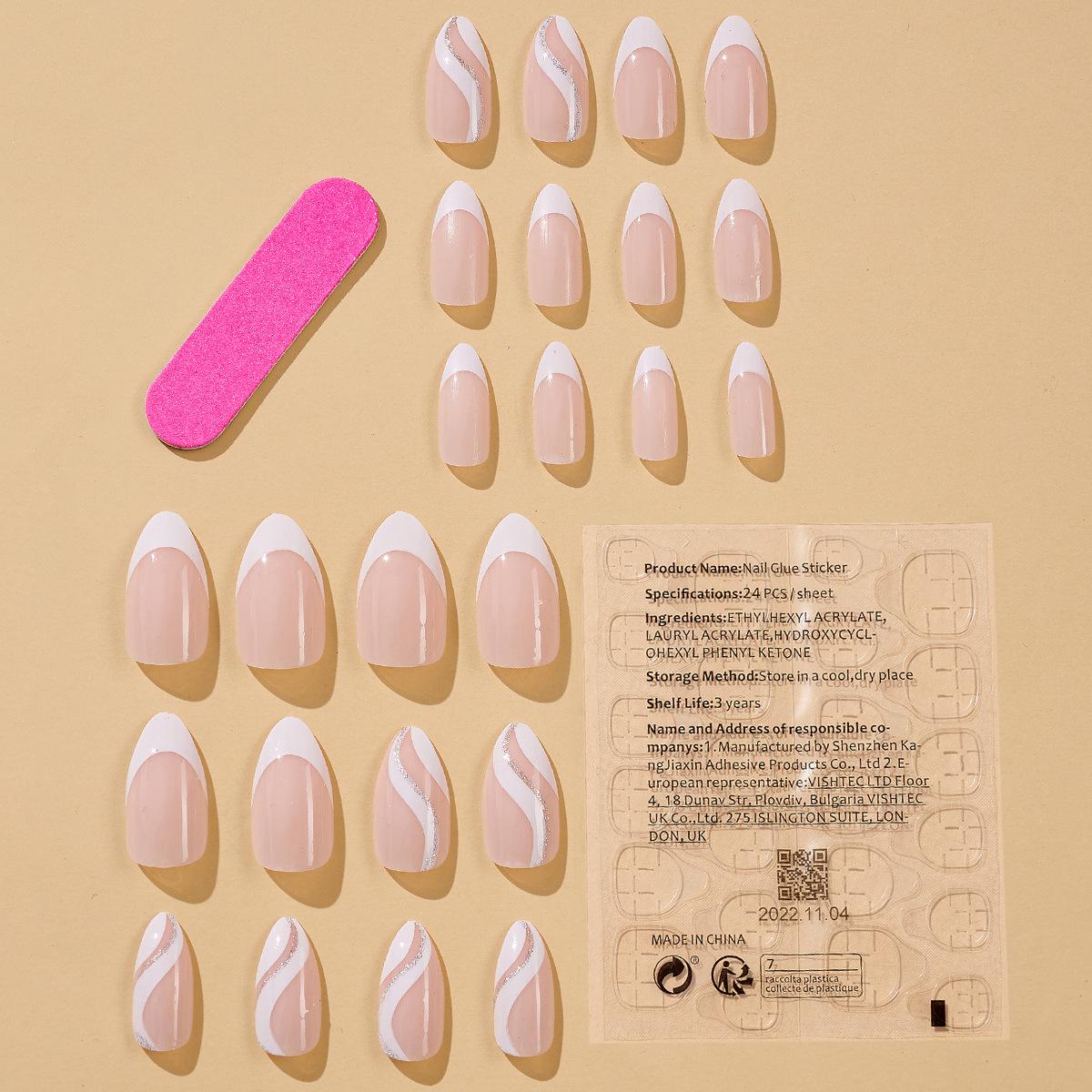 

Миндальные волнистые блестящие накладные ногти для французского маникюра