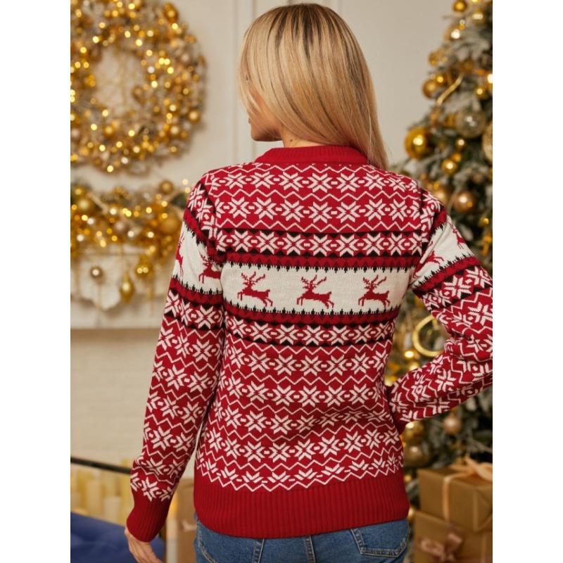 Women Loose Fit Long Sleeve Reindeer Jacquard Winter Sweater