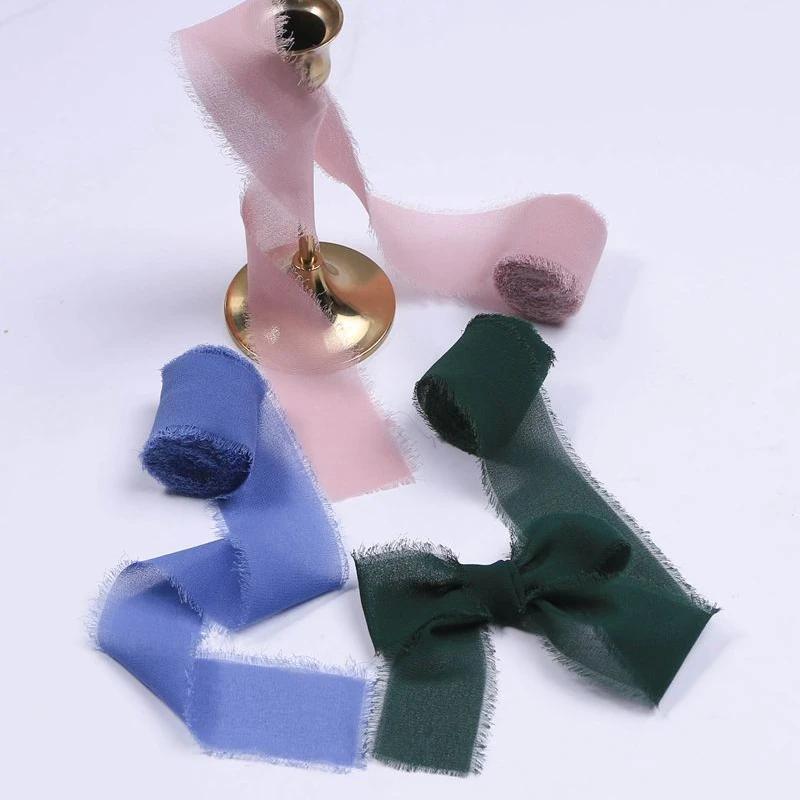 4CM*5M Handmade Frayed Edged Satin Chiffon Silk Ribbon For Wedding Invitation Wrapping Bouquets Birthday Party Decorations Gifts