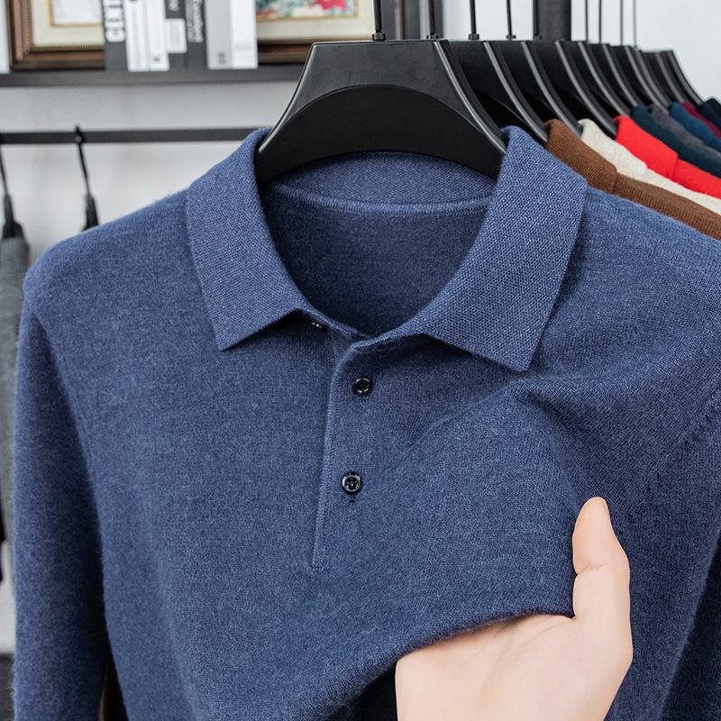 Original Quality Men'S Polo Shirt Exquisite Simple Long Sleeve Knitted Lapel Sweater Autumn Winter Business Casual Menswear Top