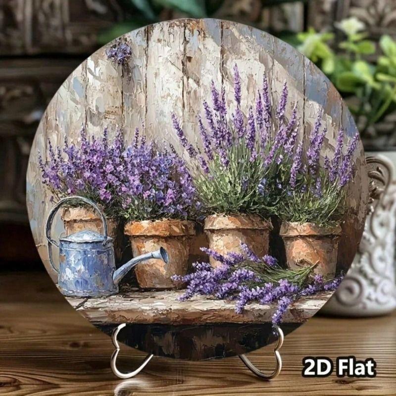 Rundes Metallschild mit Lavendelmalerei - Retro-Aluminium-Wandkunstschild für Heimbar Garage