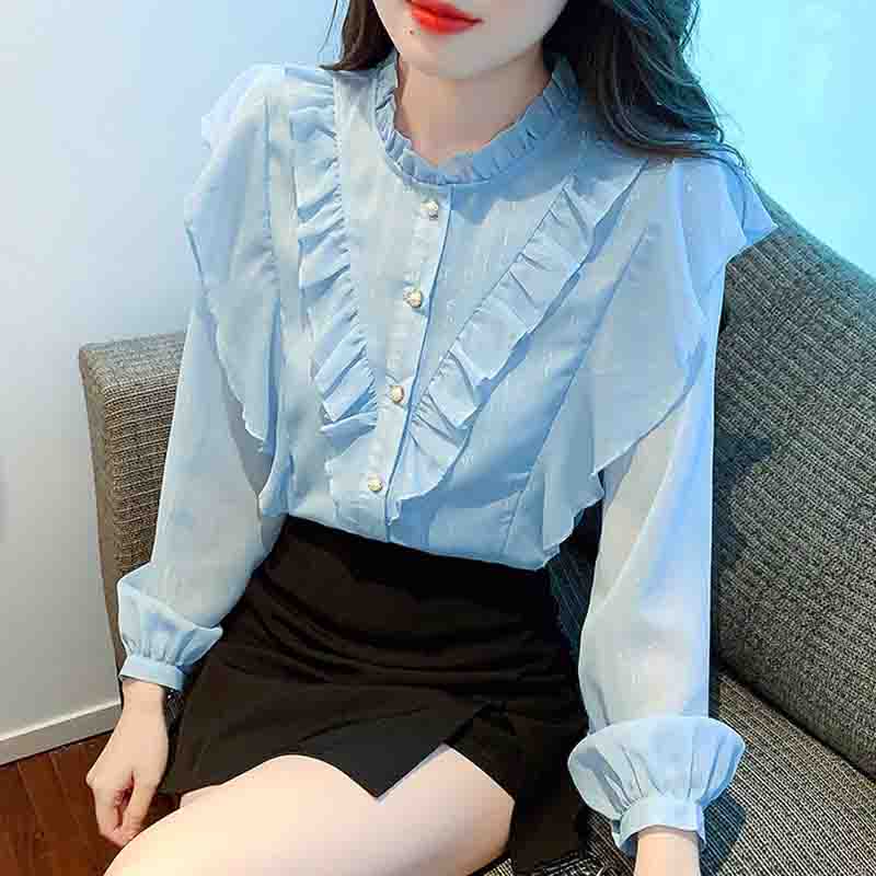 Fashion New 2024 Autumn Long Sleeve Stand Collar Casual Ruffles Chiffon Blouse Shirt Women Tops Blouses Shirts J554