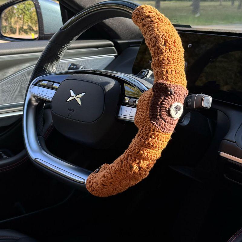 

Finished Product | Car Steering Wheel Cover, Warm in Winter, Hand-Knitted, Anti-Wear, Sweat-Absorbent, Knitted Protective Cover, Gift-Giving Brown Bear Extra Long 1 Pair (2 Pieces in Total)