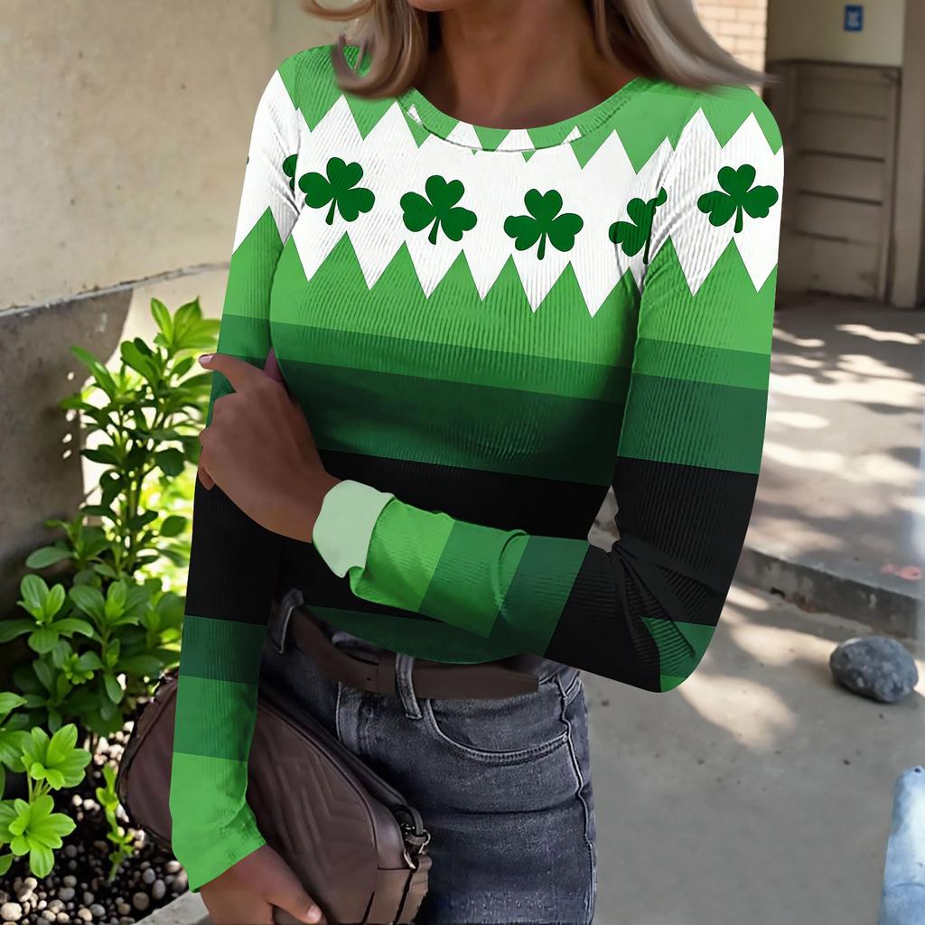 Women's And Winter Slim T-shirt Fashion Casual Printing Round Neck Pullover Long Sleeve Top