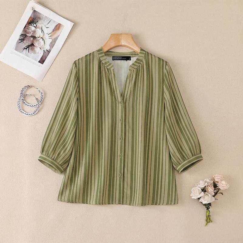 ZANZEA Women Commute Casual V-Neck Stripe Print Loose 3/4 Sleeve Blouse