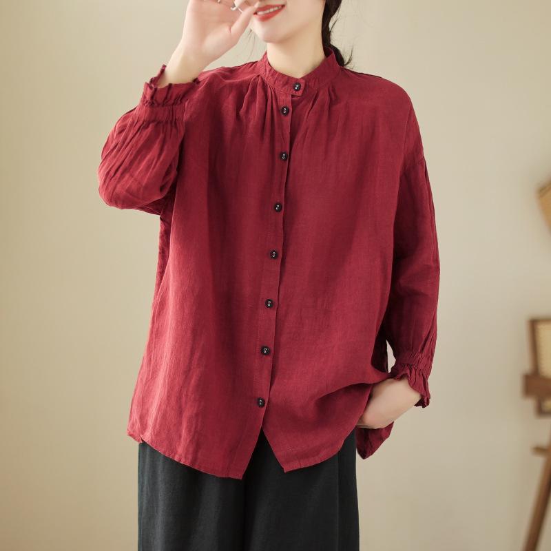 Spring 2026 Versatile Loose Fitting Linen Long Sleeve Top in Plus Size Women s Clothing XXL бордовый