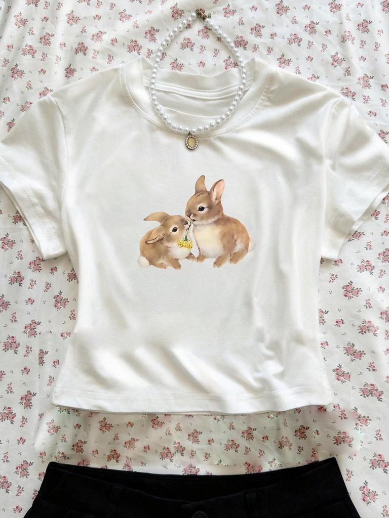 Damski Uroczy Krótki T-shirt z Nadrukiem Królika, Okrągły Dekolt, Krótki Rękaw, Dopasowany