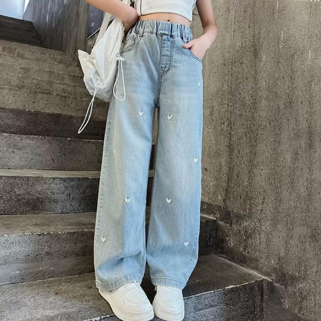 Summer Spring Girls Middle School Fashion Loose Solid Color Small Love Jeans Casual Pants Wide Leg Pants 4-10 Years Old