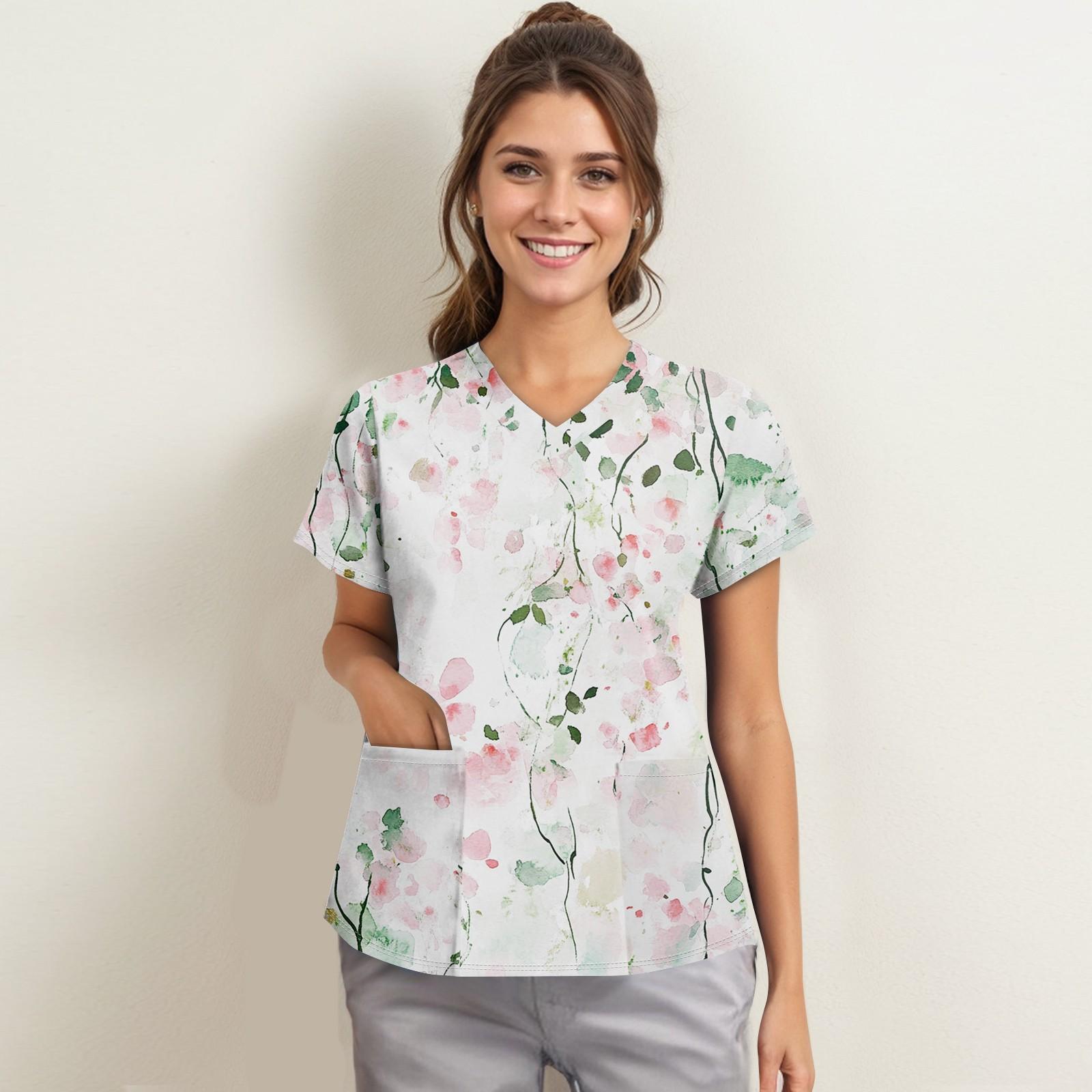 

Женская мода с v-образным вырезом, короткими рукавами и карманами, топы с принтом XL белый