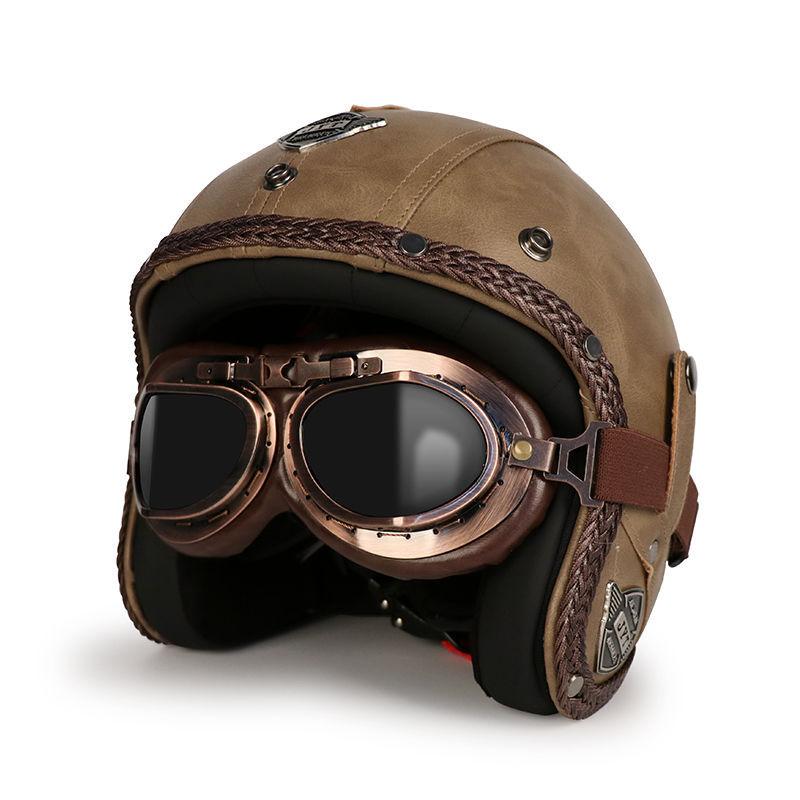 Retro Helmet Electric Motorcycle Leather Helmet Summer Pedal Cruise Motorcycle Harley Men and Women Three Quarter Helmet Half Helmet