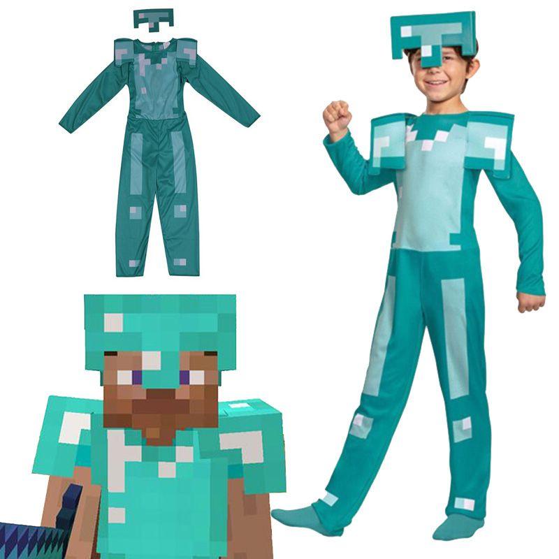 Minecraft Steve Rüstung Kinder Cosplay Kostüm Jumpsuit für Jungen und Mädchen Perfekt für Halloween und Verkleidungsveranstaltungen