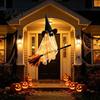 Whimsical Ghost Witch Figurine Halloween Flying with Broom, Large Lighted Hanging Decoration Glowing Window Hat for Lawn Patio Porch Backyard