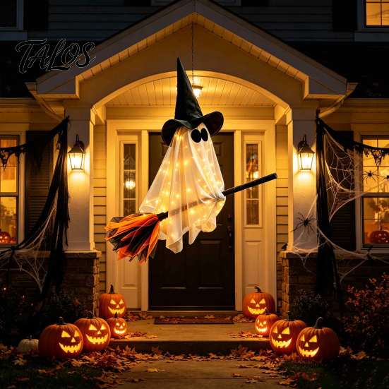 Whimsical Ghost Witch Figurine Halloween Flying with Broom, Large Lighted Hanging Decoration Glowing Window Hat for Lawn Patio Porch Backyard