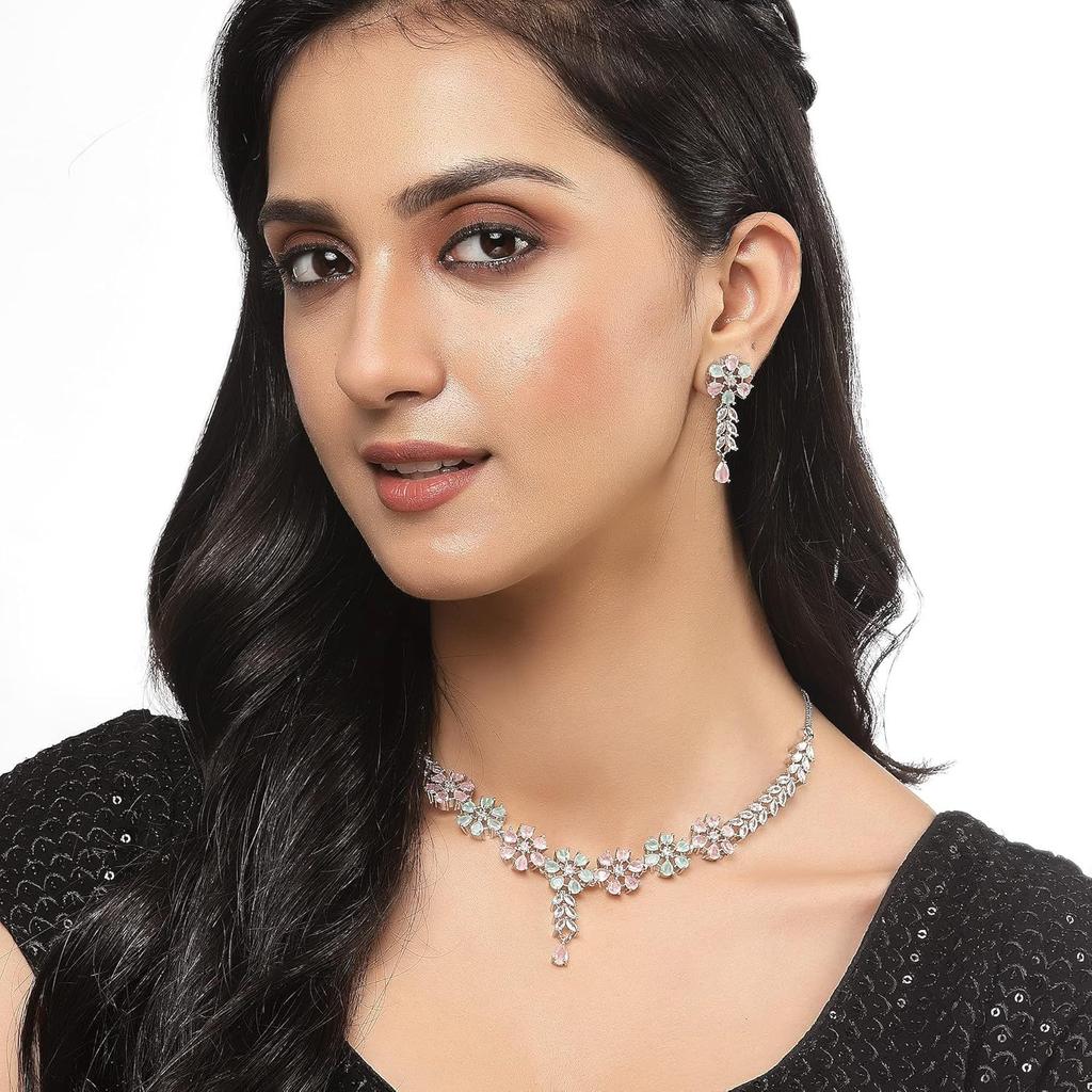 Rhodium-Plated Silver Toned Star Shaped American Diamond Studded Necklace Earrings Jewellery Set for Girls and Women